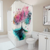 Rideaux De Douche Arbre mystique moderne & gras (bleu, rose, orange) (En situation)