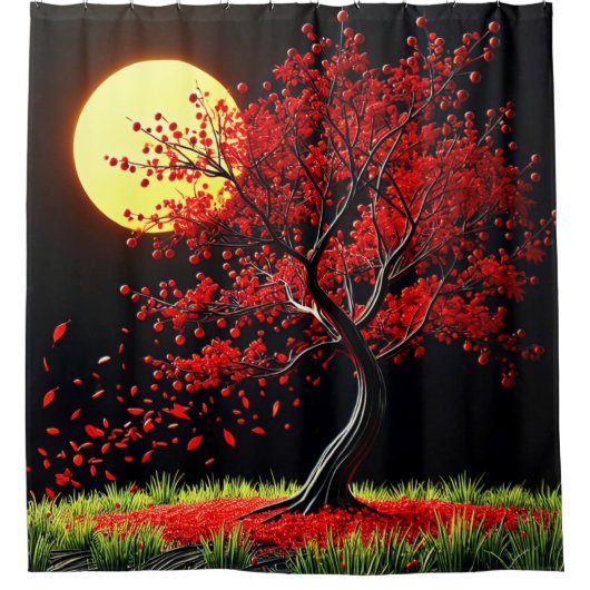 Rideaux De Douche Arbre rouge frappant au clair de lune (Devant)