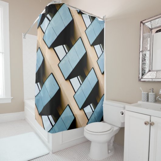 Rideaux De Douche Architecture abstraite beige et bleue (En situation)