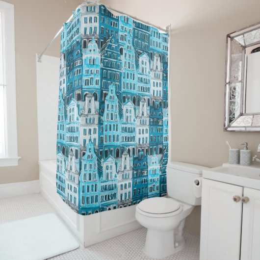Rideaux De Douche Architecture d'Amsterdam, aquarelle bleue. (En situation)