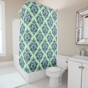 Rideaux De Douche Arrière - plan bleu marine Floral Damask Mint-Gree