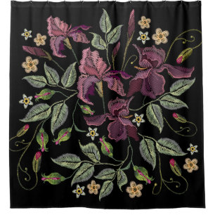 Rideaux De Douche Arrière - plan noir Irises pourpres brodé.