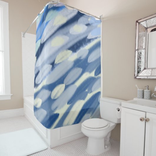 Rideaux De Douche Art abstrait bleu et blanc (En situation)