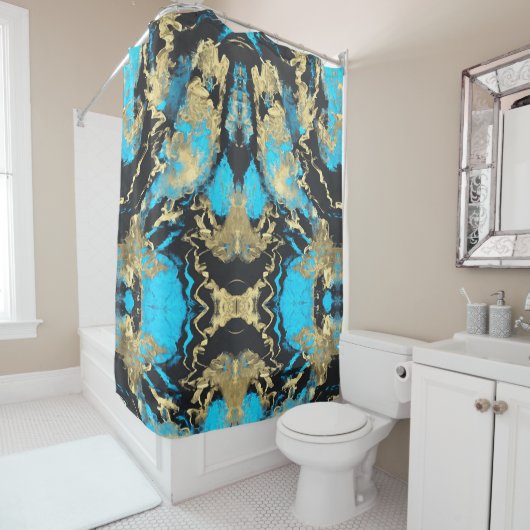 Rideaux De Douche Art Abstrait Turquoise et Or Sherpa Blanket (En situation)