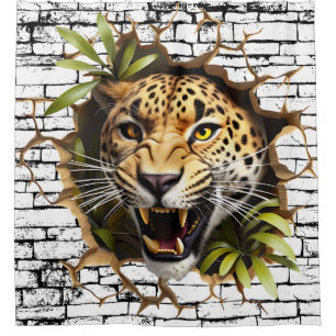 Rideaux De Douche Art de léopard 3D brisant un mur – Safari réaliste