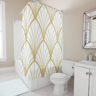Rideaux De Douche art déco, beau, motif de fan, or, blanc, vintag