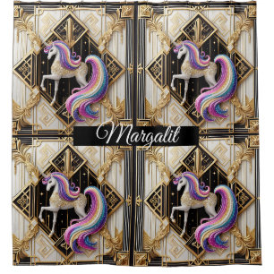 Rideaux De Douche Art Déco Licorne Arc-en-Ciel Faux Paillettes Nom P