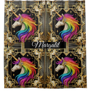 Rideaux De Douche Art Déco Licorne Arc-en-Ciel Faux Paillettes Nom P