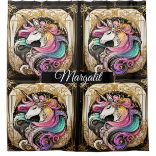 Rideaux De Douche Art Déco Licorne Fausse Paillettes Arc-en-Ciel Nom