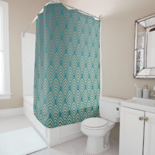 Rideaux De Douche Art déco, motif ventilateur, turquoise, blanc, mot