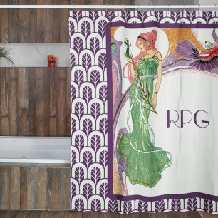 Rideaux De Douche Art Deco Woman In Green With Monogram