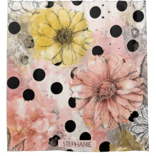 Rideaux De Douche Art floral à points de watercolor vintage (4)