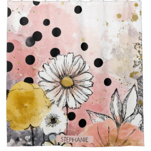 Rideaux De Douche Art floral à points watercolor vintage