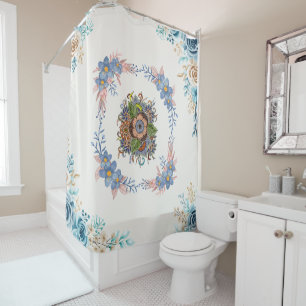 Rideaux De Douche Art floral aquarelle bleu et rose