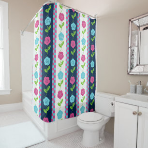 Rideaux De Douche Art folklorique Fleurs à rayures damier Rose et ma