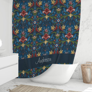 Rideaux De Douche Art folklorique scandinave motif floral bleu