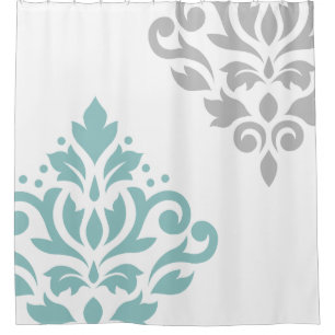 Rideaux De Douche Art I de damassé de rouleau turquoise et gris sur