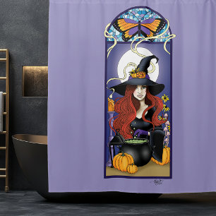 Rideaux De Douche Art Nouveau Sorcière d'Automne Citrouilles Lune Vi