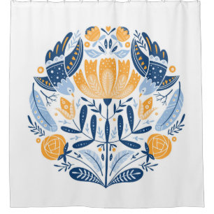 Rideaux De Douche Art populaire ornement rond avec oiseaux, roses et
