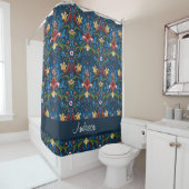 Rideaux De Douche Art populaire scandinave Bleu motif floral (En situation)