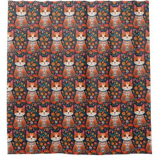 Rideaux De Douche Art populaire Whimsical Chat et Fleurs (Devant)
