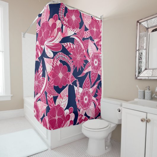 Rideaux De Douche Artsy Moderne Fuschia Marine Acrylique Feuilles fl (En situation)