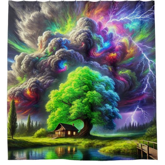 Rideaux De Douche Artsy Tree and Sunset Scene (Devant)
