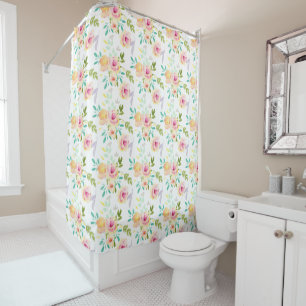 Rideaux De Douche Assez rose, pêche et aquarelle jaune floraux
