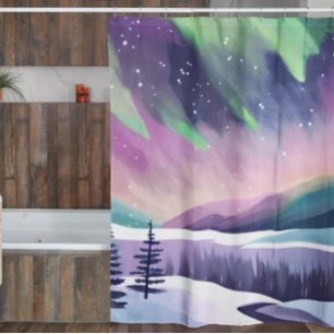 Rideaux De Douche Aurore Boréale Nuit Hivernale Colorée Aquarelle