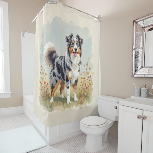 Rideaux De Douche Australian Shepherd Dog Merle Long Tail (En situation)
