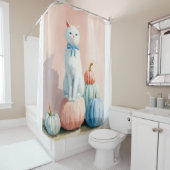 Rideaux De Douche Automne Chat blanc avec Citrouille (En situation)