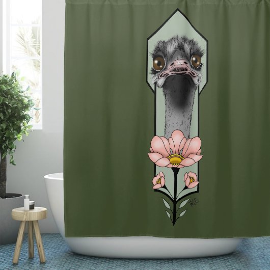 Rideaux De Douche Autruche Rose Fleurs Vert Olive Art Déco