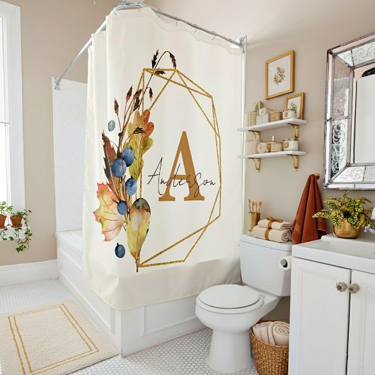 Rideaux De Douche Autumn leaves and gold frame personalized 