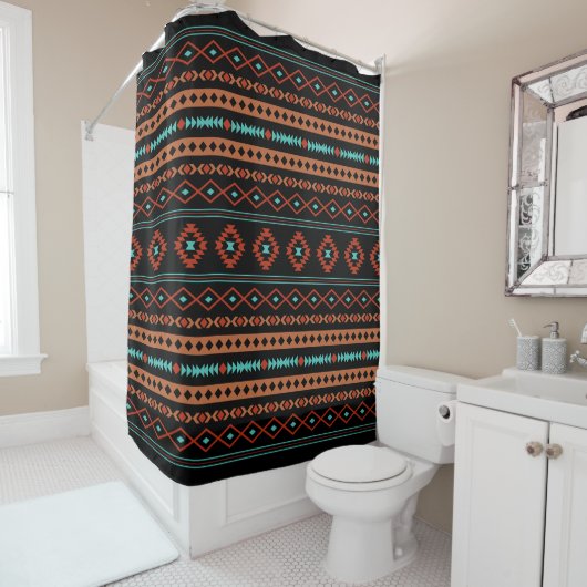Rideaux De Douche Aztec Rusts Turquoise Noir Motifs mélangés Motif (En situation)