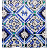 Rideaux De Douche Azulejo Motif espagnol Carreaux marine Monogramme  (Devant)