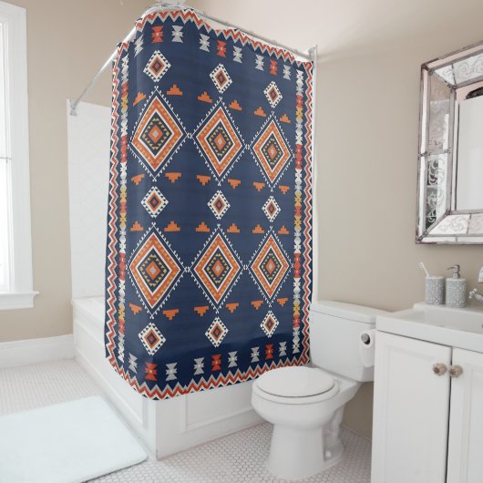 Rideaux De Douche Azure Navy and Terracotta Geometric Tribal (En situation)