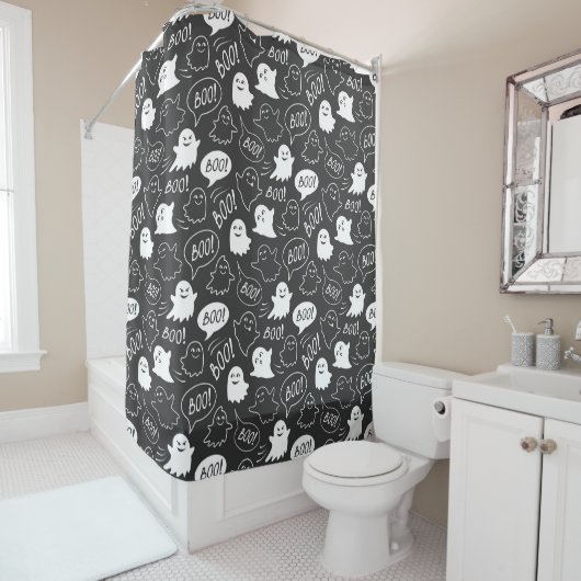 Rideaux De Douche B&W Cute Doodle Halloween Motif (En situation)