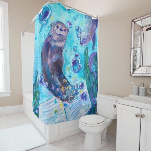 Rideaux De Douche Baby Sea Otter Jouer dans l'eau | Oeuvres d'art mi (En situation)
