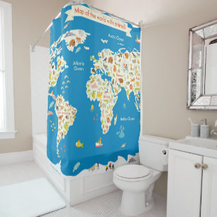 Rideaux De Douche Badine la carte du monde avec des animaux