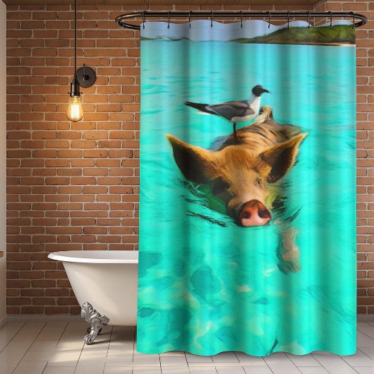 Rideaux De Douche Baignade de cochon avec oiseaux aux Bahamas