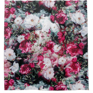 Rideaux De Douche Bain noir blanc mauve rose floral de roses