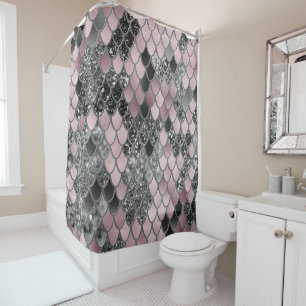Rideaux De Douche Balances de sirène noire rose vif en argent noir G