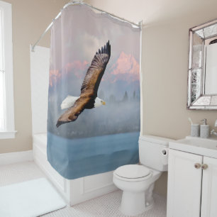 Rideaux De Douche Bald Eagle au-dessus des montagnes olympiques Wash