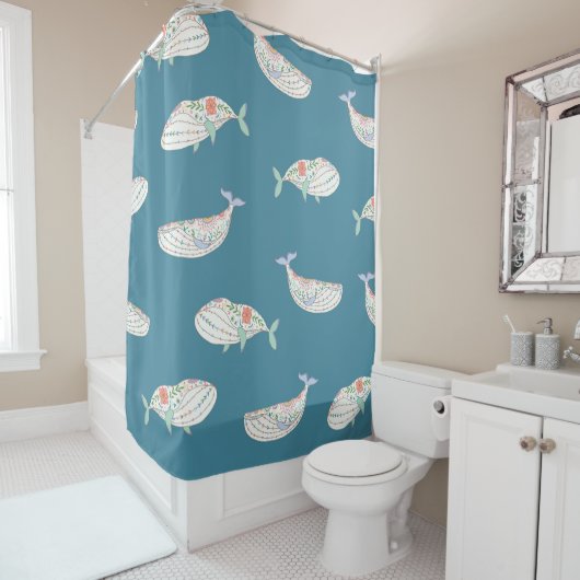 Rideaux De Douche Baleine scandinave, animaux de mer motif (En situation)