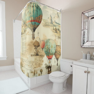 Rideaux De Douche Balloon vintage à air chaud dans un paysage serein
