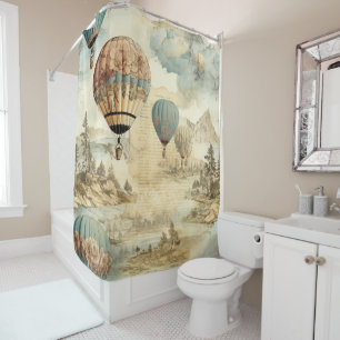 Rideaux De Douche Balloon vintage à air chaud dans un paysage serein