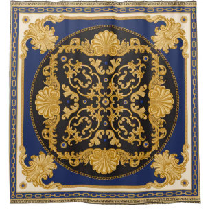 Rideaux De Douche Bandana print on black and blue background, Gold c