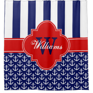 Rideaux De Douche Bande Ancre blanche de marine 1ICBR Monogramme rou