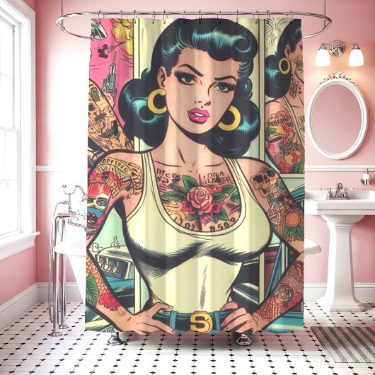 Rideaux De Douche Bande dessinée rétroactive à base de tatouage