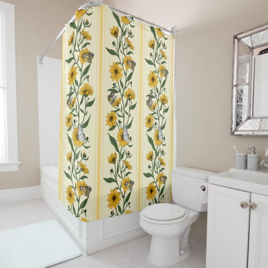 Rideaux De Douche Bande florale Sunroot sur blanc cassé (En situation)